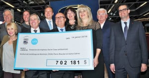 Remise du chèque de 702 181 $ à l’Institut de cardiologie de Montréal, au CHUM et aux hôpitaux Pierre-Boucher et Santa Cabrini, une présentation de Michel Gaudette, président, Salon international de l’auto de Montréal